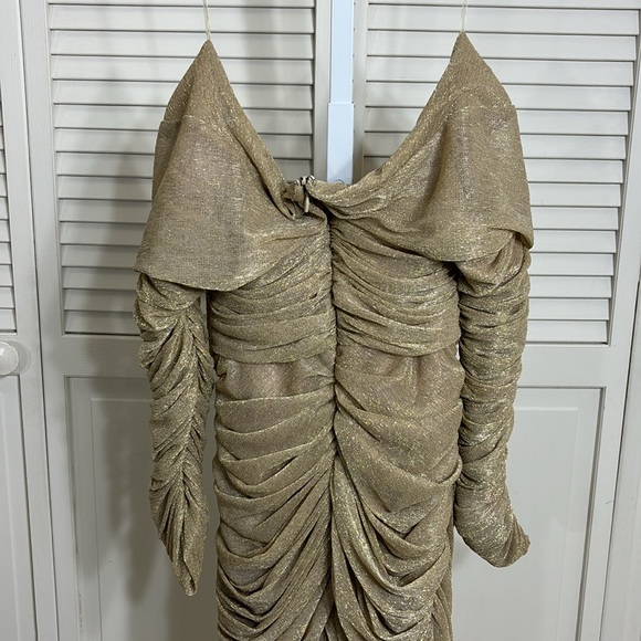 NWT House of CB Felicity Gold Ruched Mesh Off Shoulder Dress L+ - Picture 13 of 14